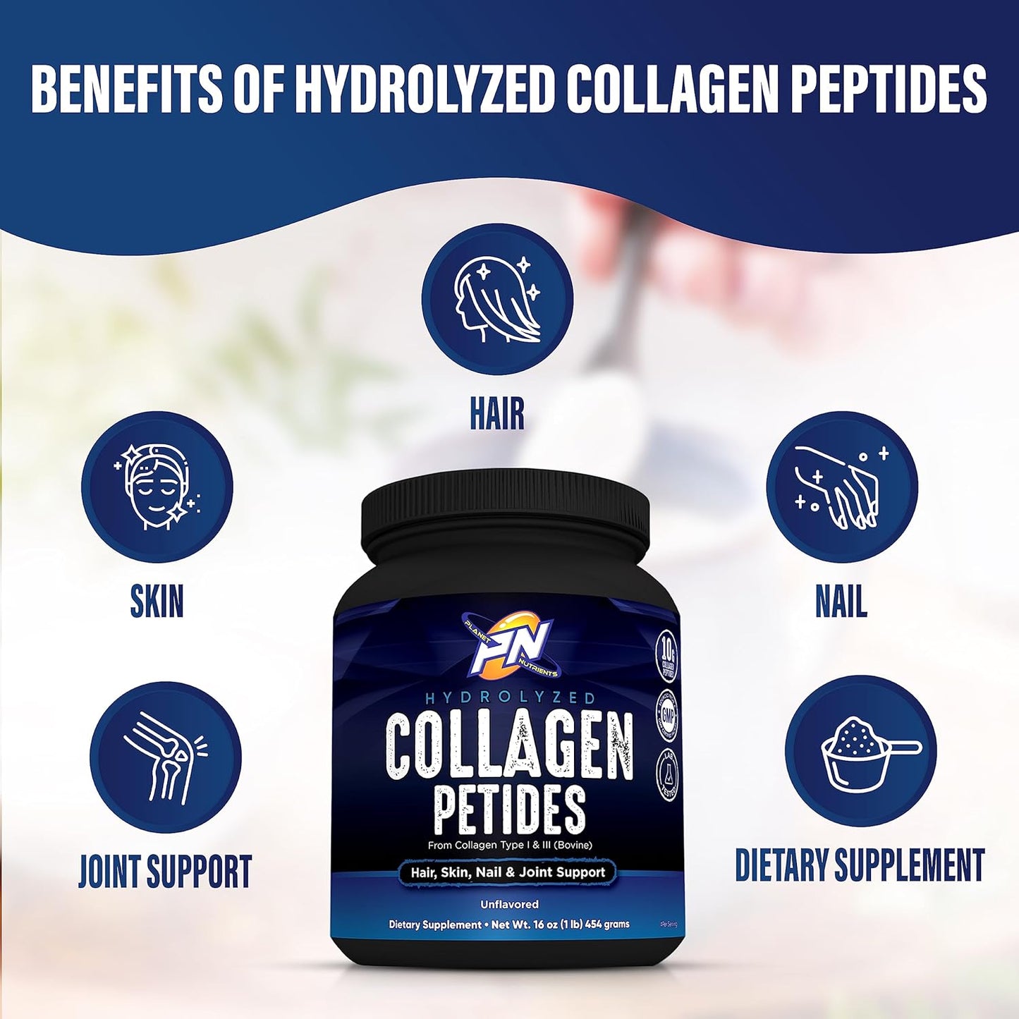 Hydrolyzed Collagen Peptides Type I & III - Support for Hair, Skin, Nails, Joints - Planet Nutrients