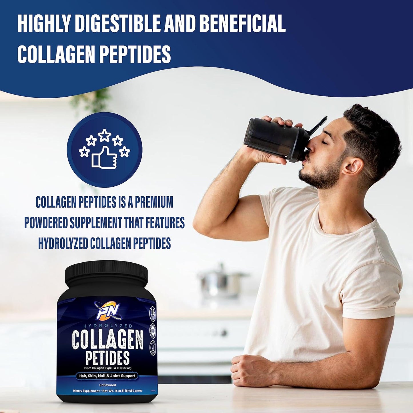 Hydrolyzed Collagen Peptides Type I & III - Support for Hair, Skin, Nails, Joints - Planet Nutrients