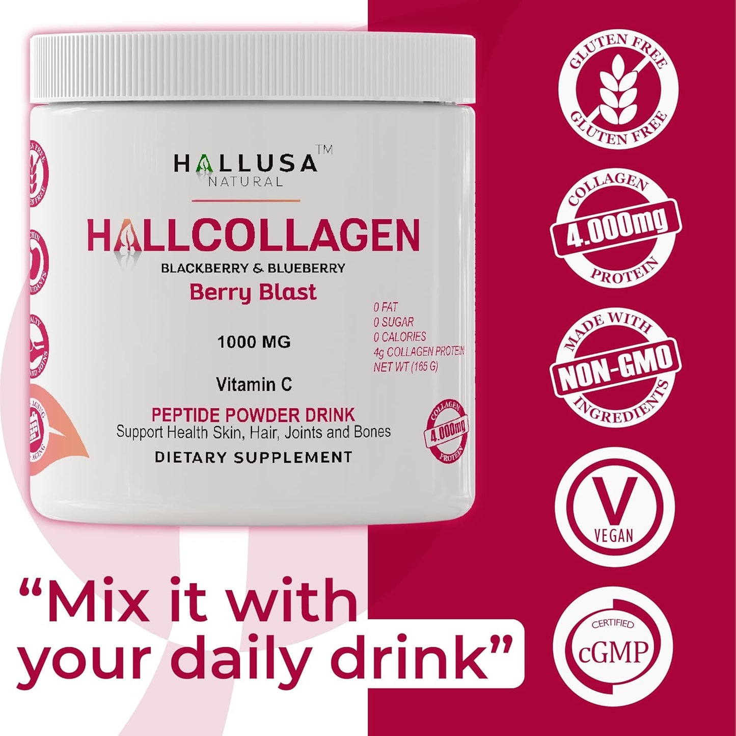 Hydrolyzed Collagen Powder for Bones, Joints, Nails, Hair, and Skin - Hallusa Natural