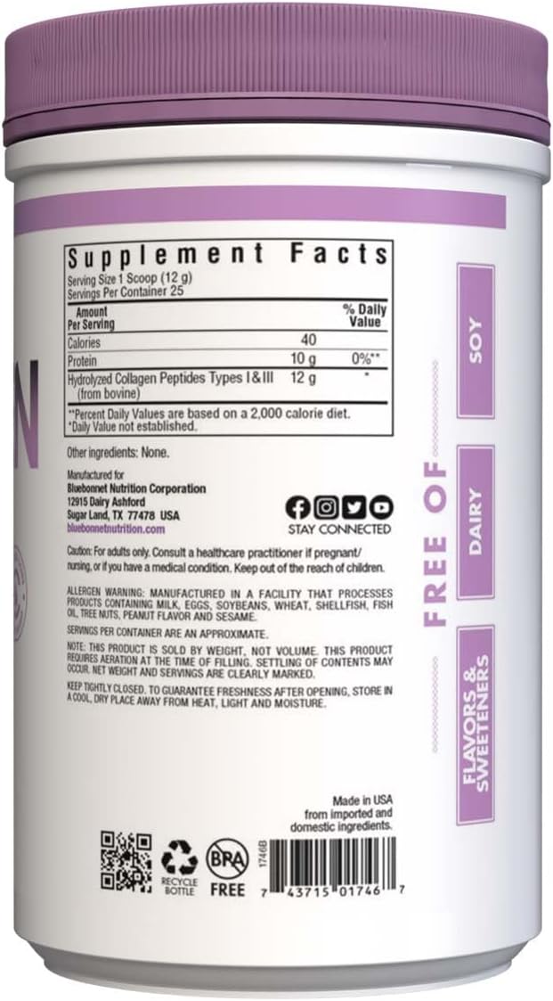 Hydrolyzed Collagen Powder for Hair, Skin, Nails Support - Non-GMO, Gluten-Free - Grass-fed Cows - 10.58 oz, 25 Servings