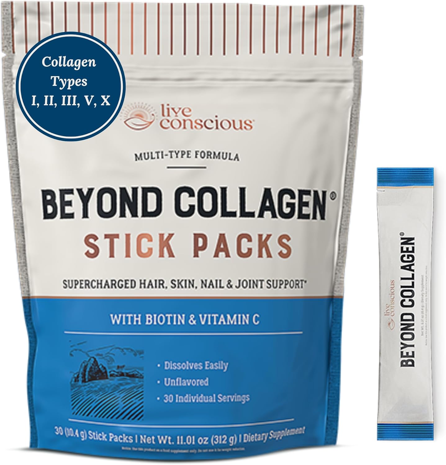 Hydrolyzed Collagen Powder Packets for Hair, Skin, Nails & Joints - Unflavored Grass-Fed Type I & III Collagen Supplements - 30 Packets - Live Conscious Beyond
