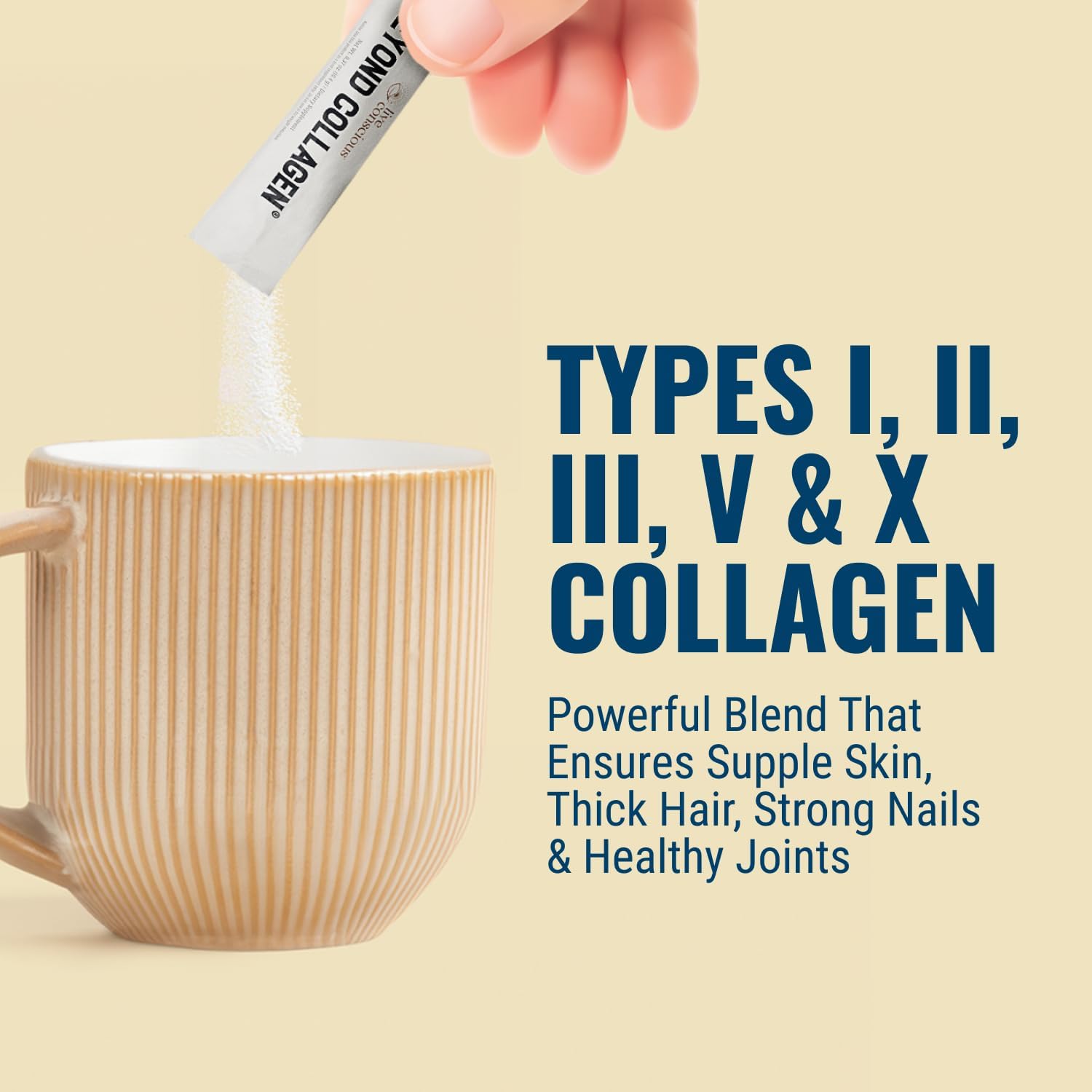 Hydrolyzed Collagen Powder Packets for Hair, Skin, Nails & Joints - Unflavored Grass-Fed Type I & III Collagen Supplements - 30 Packets - Live Conscious Beyond