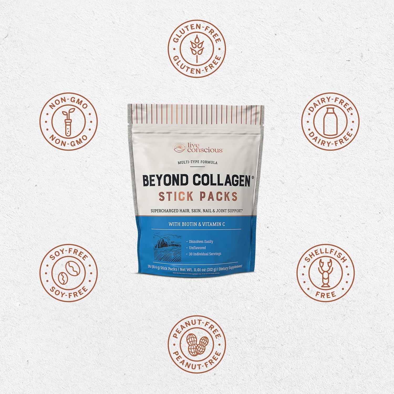 Hydrolyzed Collagen Powder Packets for Hair, Skin, Nails & Joints - Unflavored Grass-Fed Type I & III Collagen Supplements - 30 Packets - Live Conscious Beyond