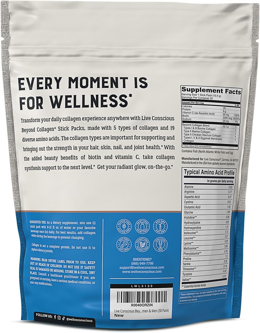 Hydrolyzed Collagen Powder Packets for Hair, Skin, Nails & Joints - Unflavored Grass-Fed Type I & III Collagen Supplements - 30 Packets - Live Conscious Beyond