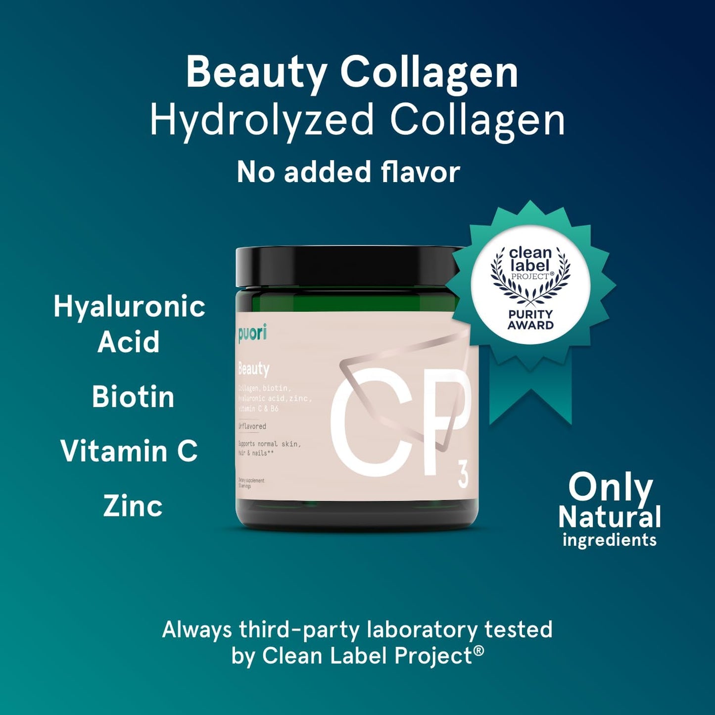Hydrolyzed Collagen Powder Supplement with Biotin, Hyaluronic Acid, CP3 Beauty Complex for Skin, Hair, Nails - Zinc, Vitamin B, C - Unflavored