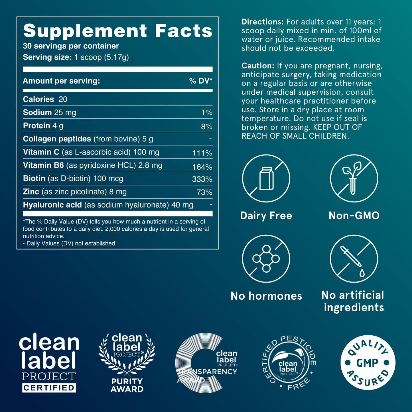 Hydrolyzed Collagen Powder Supplement with Biotin, Hyaluronic Acid, CP3 Beauty Complex for Skin, Hair, Nails - Zinc, Vitamin B, C - Unflavored