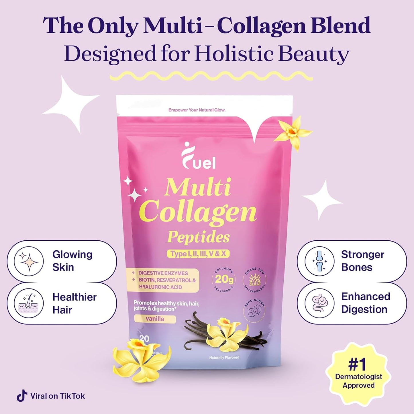 Hydrolyzed Collagen Powder with Multi Types for Women - Promotes Skin, Hair, and Nails with Hyaluronic Acid & Biotin - French Vanilla Flavor