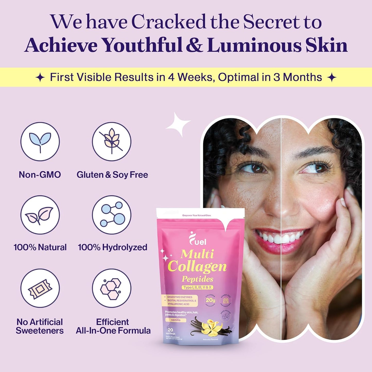 Hydrolyzed Collagen Powder with Multi Types for Women - Promotes Skin, Hair, and Nails with Hyaluronic Acid & Biotin - French Vanilla Flavor