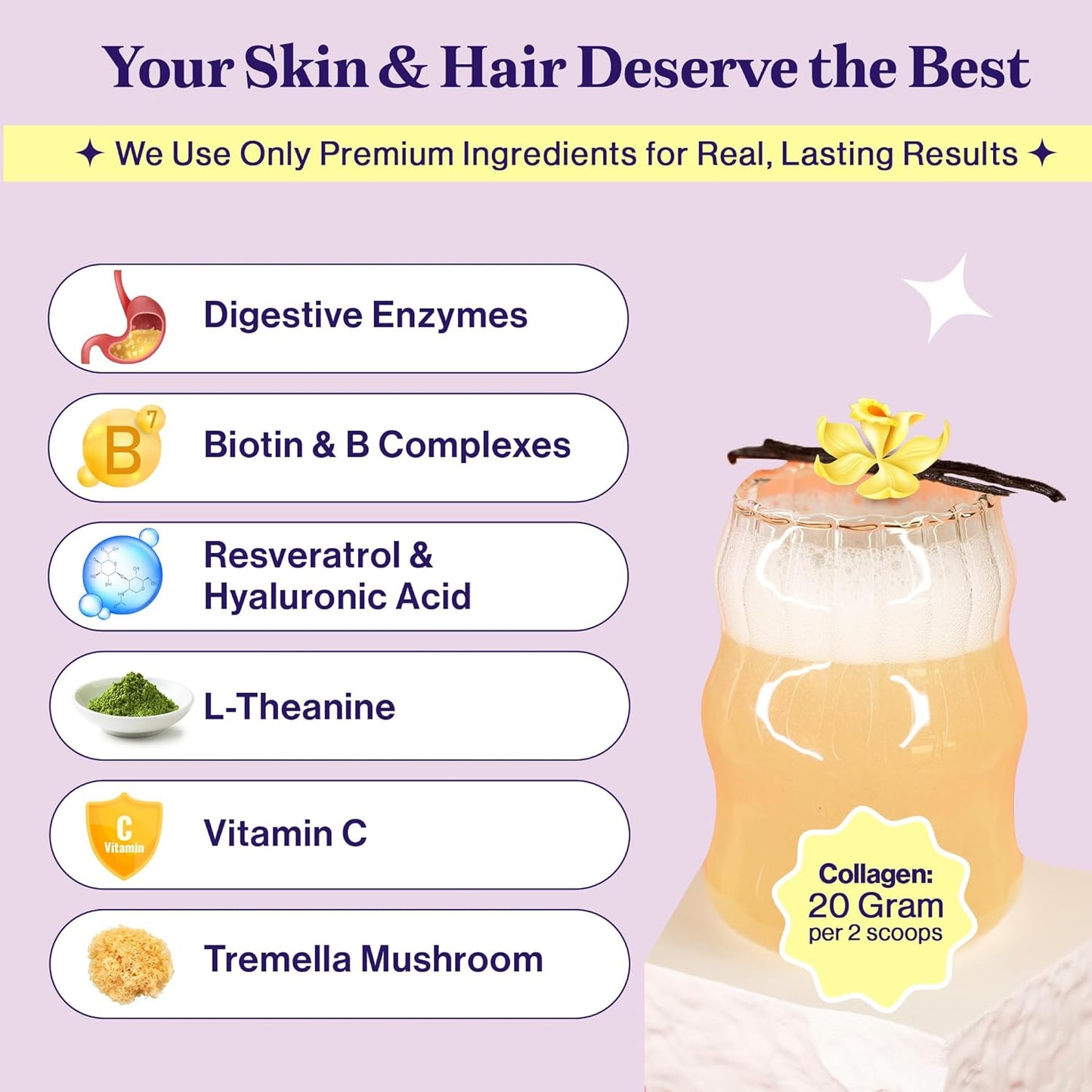 Hydrolyzed Collagen Powder with Multi Types for Women - Promotes Skin, Hair, and Nails with Hyaluronic Acid & Biotin - French Vanilla Flavor
