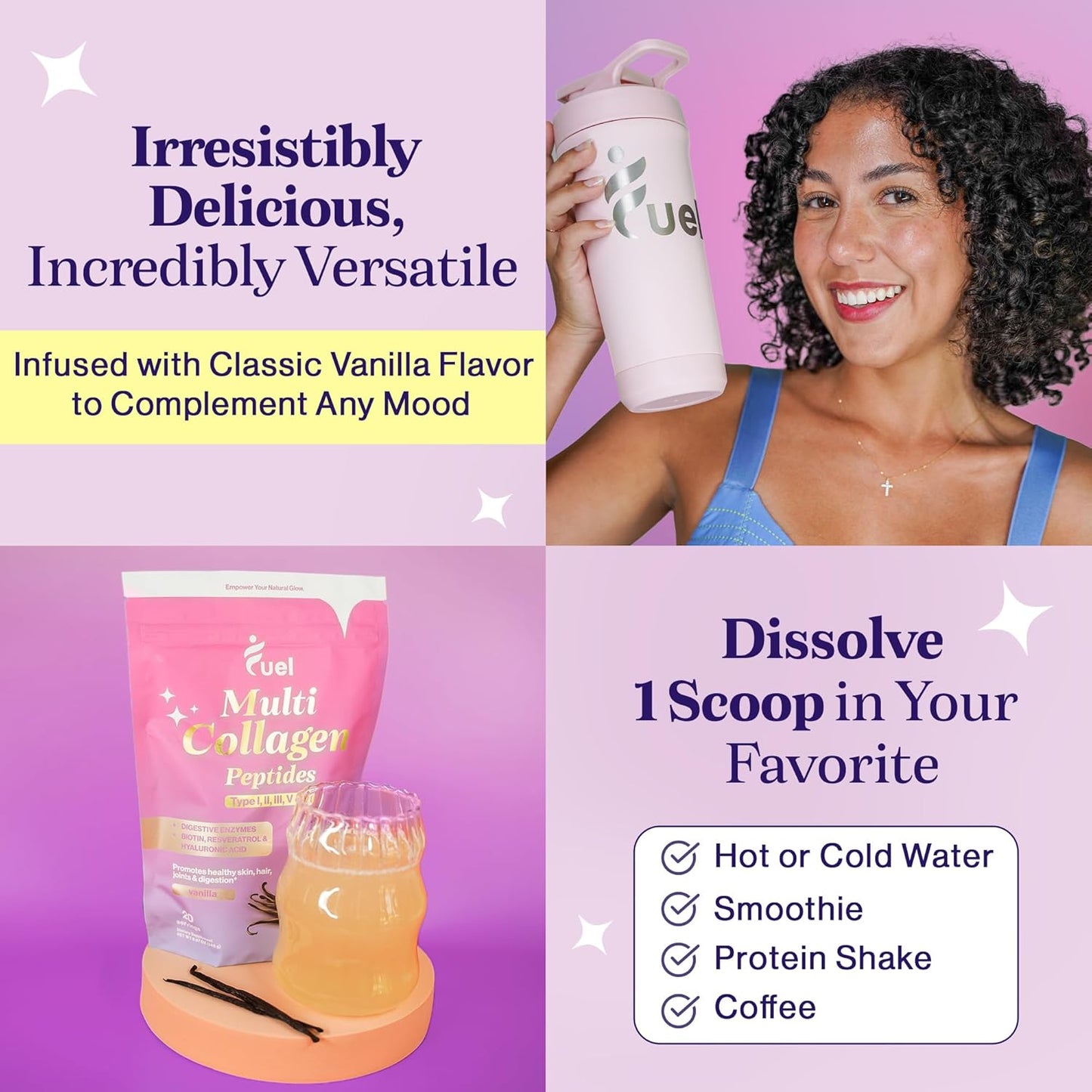 Hydrolyzed Collagen Powder with Multi Types for Women - Promotes Skin, Hair, and Nails with Hyaluronic Acid & Biotin - French Vanilla Flavor