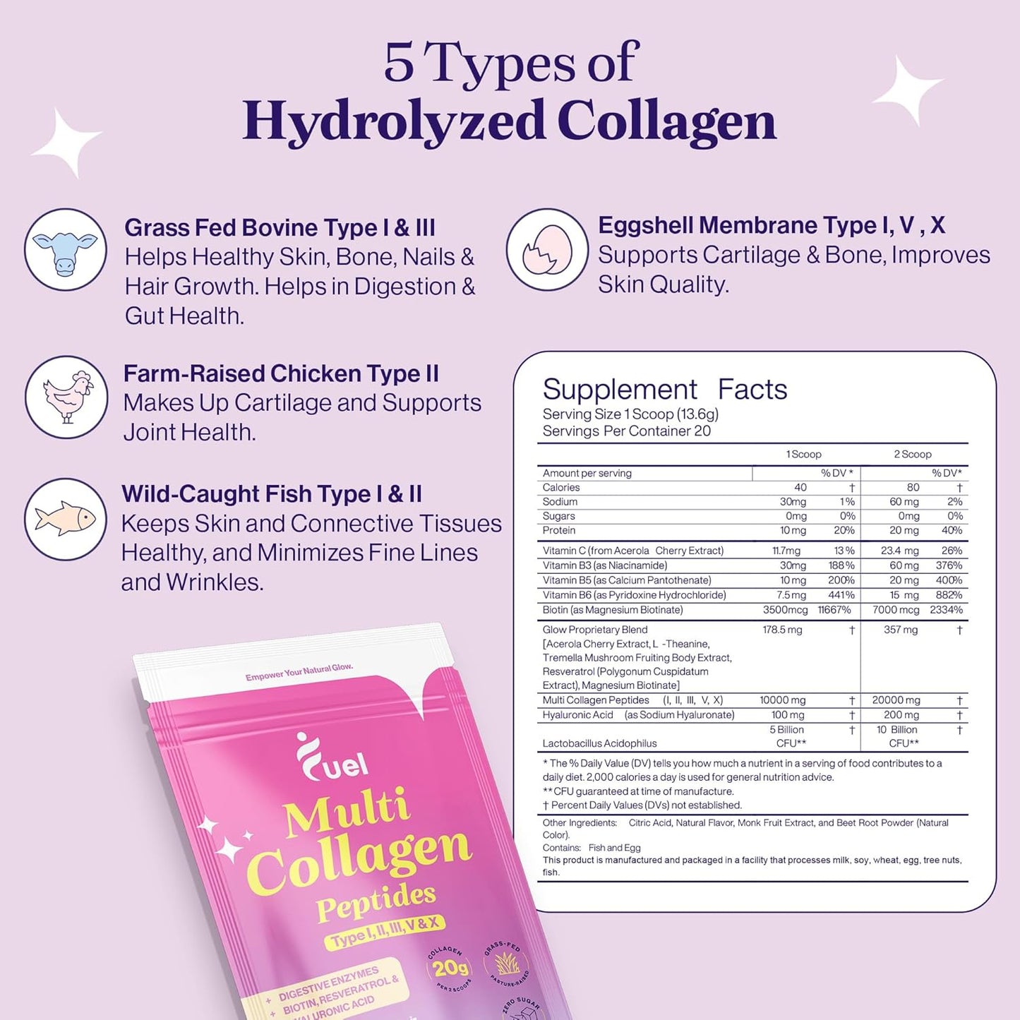 Hydrolyzed Collagen Powder with Multi Types for Women - Promotes Skin, Hair, and Nails with Hyaluronic Acid & Biotin - French Vanilla Flavor