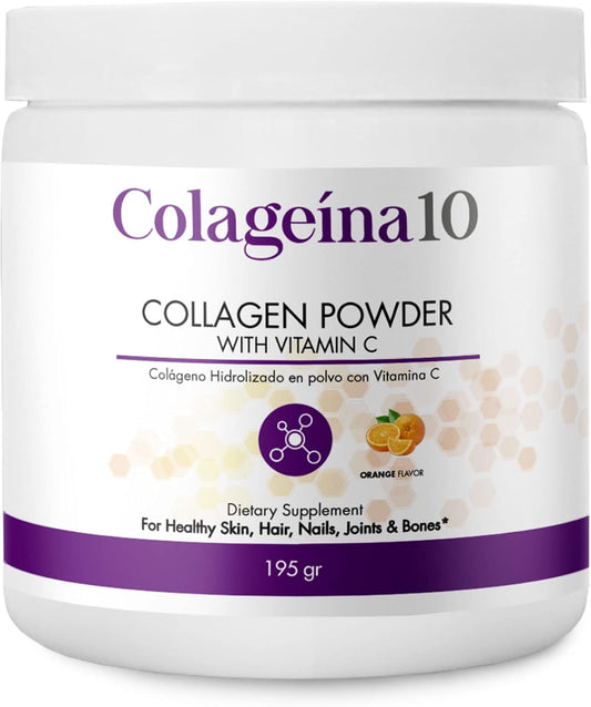 Hydrolyzed Collagen Powder with Vitamin C - Orange Flavor (195g) - Anti-Aging Dietary Supplement for Skin, Hair, Nails, Joints, Bones