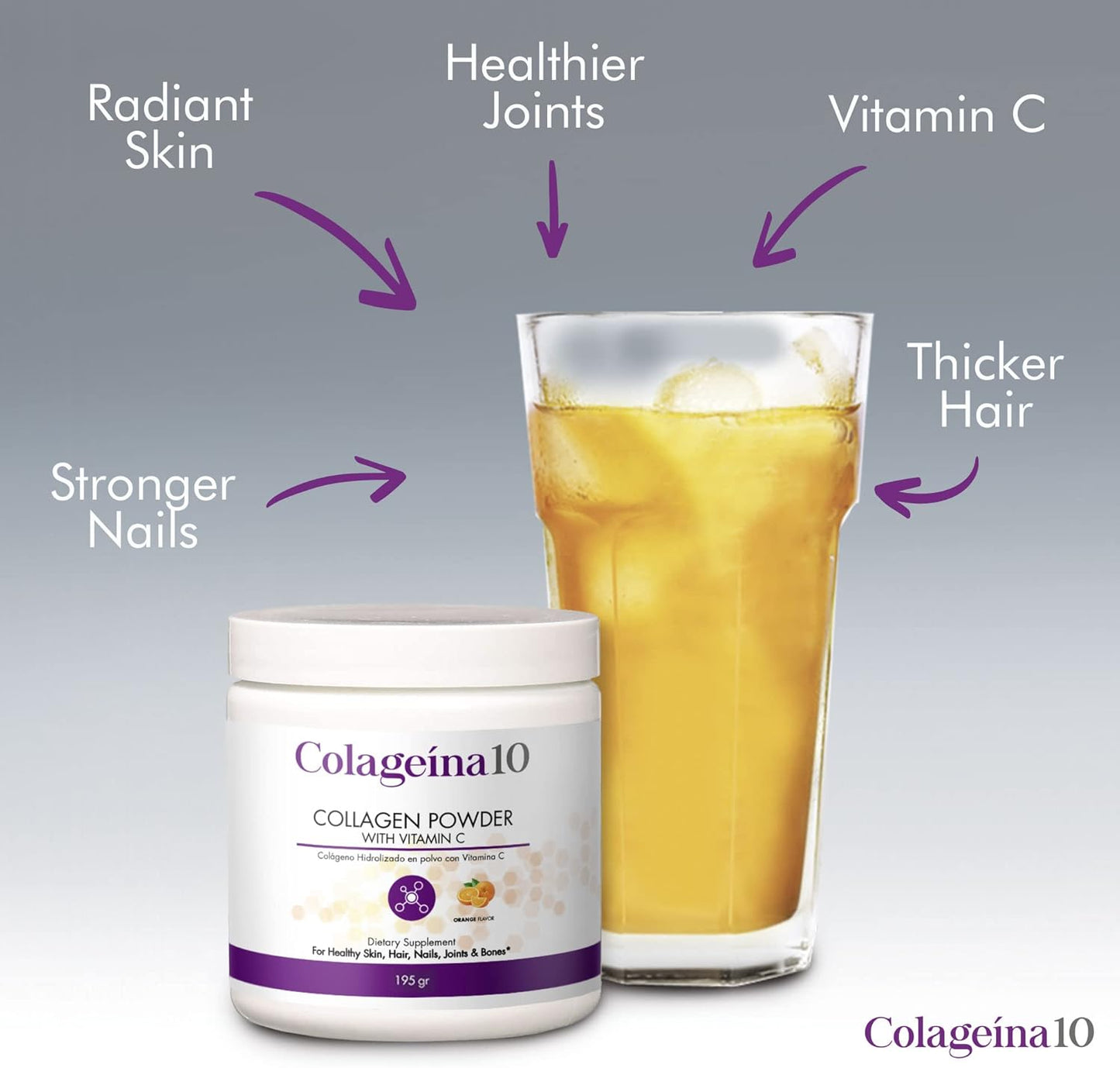 Hydrolyzed Collagen Powder with Vitamin C - Orange Flavor (195g) - Anti-Aging Dietary Supplement for Skin, Hair, Nails, Joints, Bones