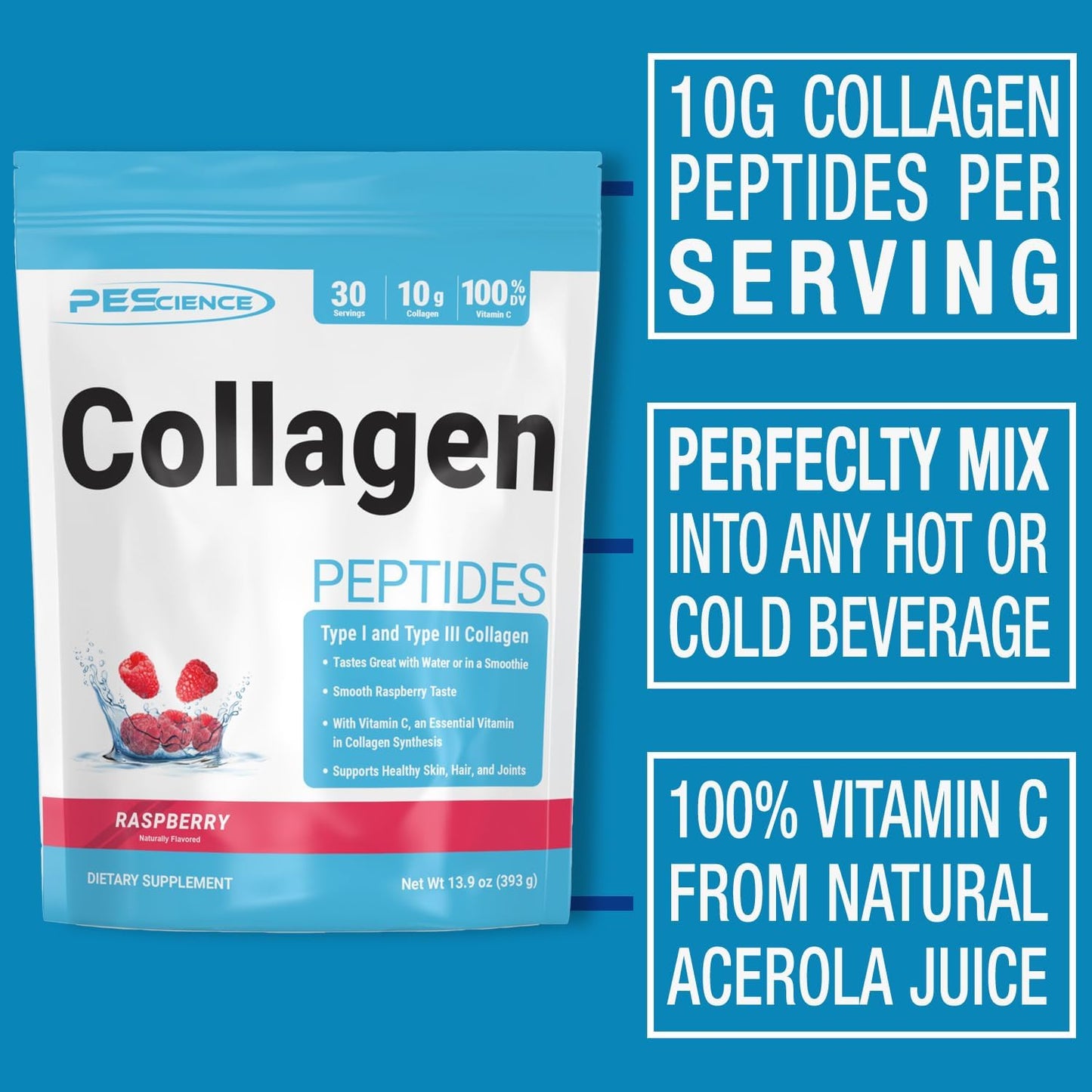 Hydrolyzed Collagen Protein Powder with Vitamin C - Raspberry Flavor, 30 Servings, Supports Hair, Skin, and Nails
