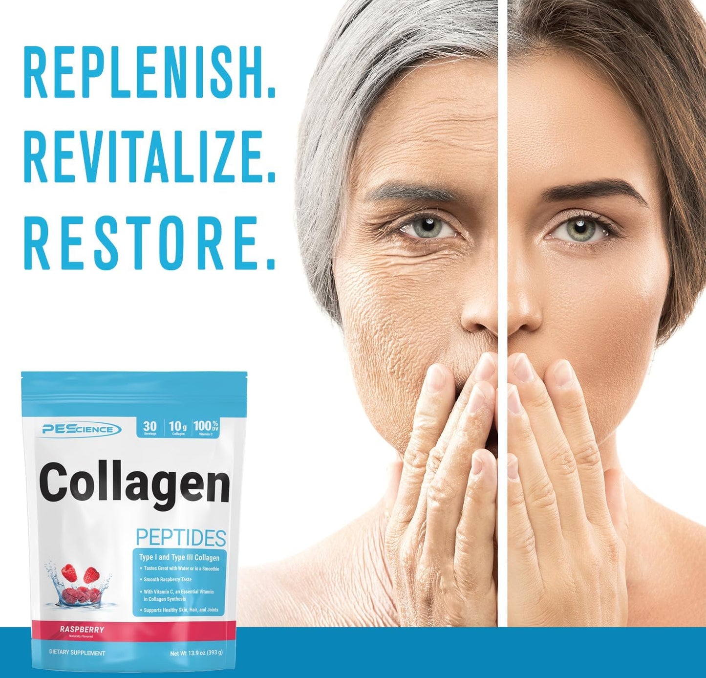 Hydrolyzed Collagen Protein Powder with Vitamin C - Raspberry Flavor, 30 Servings, Supports Hair, Skin, and Nails