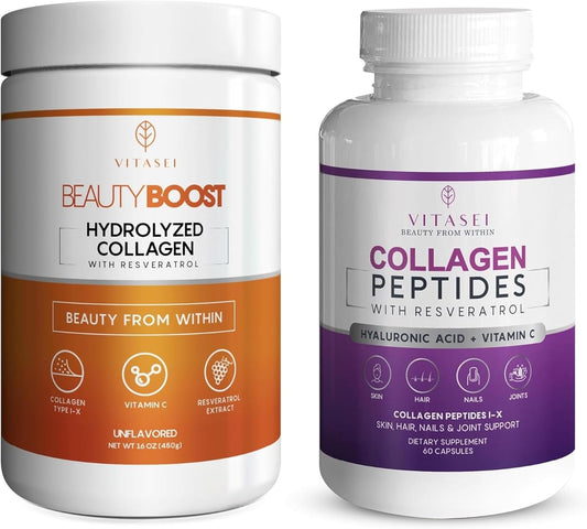 Hydrolyzed Collagen Wellness Bundle with Vitamin C & Resveratrol for Hair, Skin, Nails, Bones, & Joints