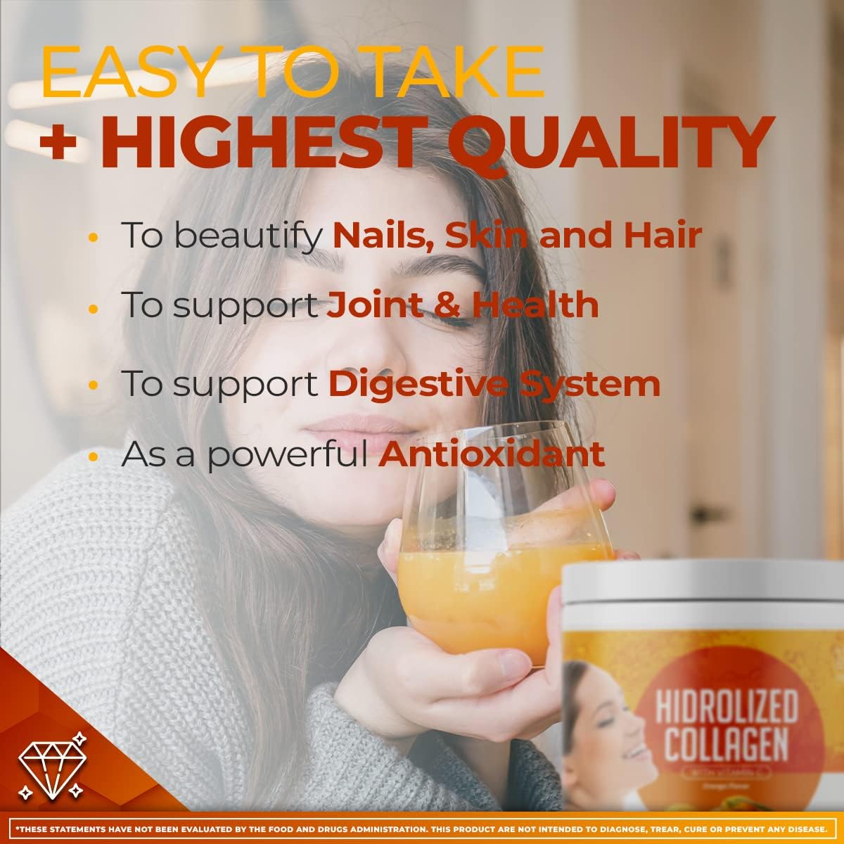 Hydrolyzed Grass Fed Collagen Peptides Powder for Women | Supports Hair, Skin, Nails, Joints, Bones, and Gut Health | 200g (Orange)