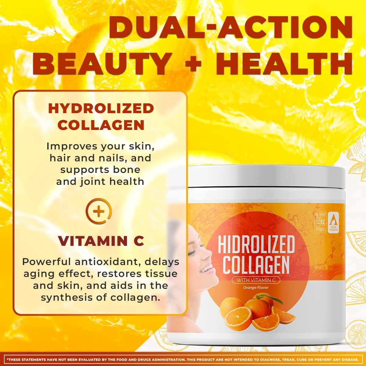Hydrolyzed Grass Fed Collagen Peptides Powder for Women | Supports Hair, Skin, Nails, Joints, Bones, and Gut Health | 200g (Orange)