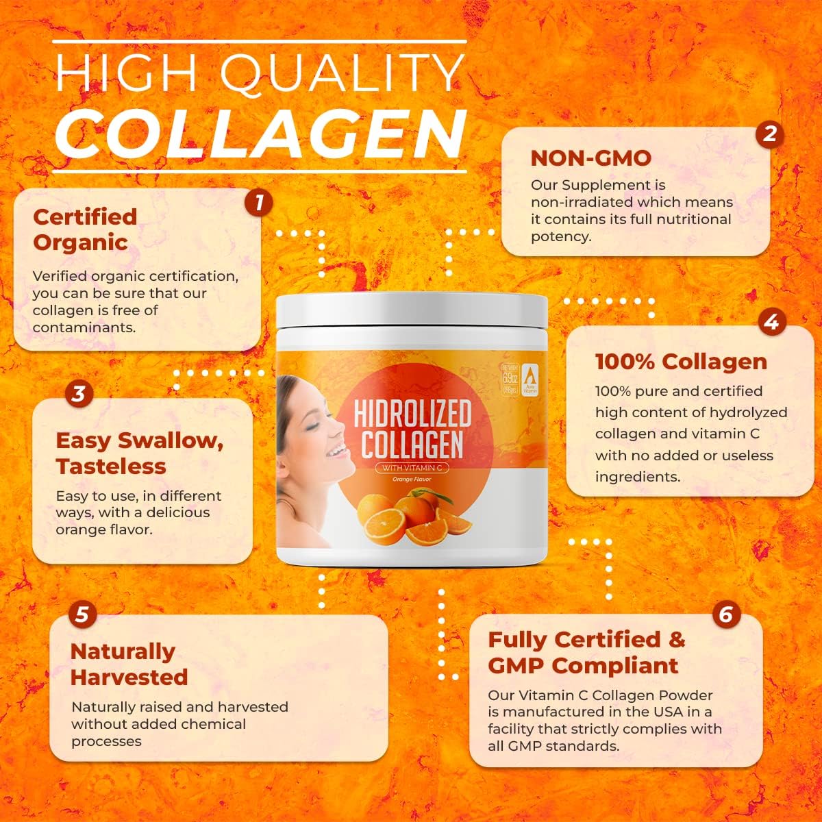 Hydrolyzed Grass Fed Collagen Peptides Powder for Women | Supports Hair, Skin, Nails, Joints, Bones, and Gut Health | 200g (Orange)