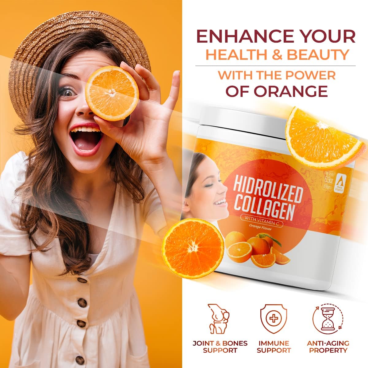 Hydrolyzed Grass Fed Collagen Peptides Powder for Women | Supports Hair, Skin, Nails, Joints, Bones, and Gut Health | 200g (Orange)