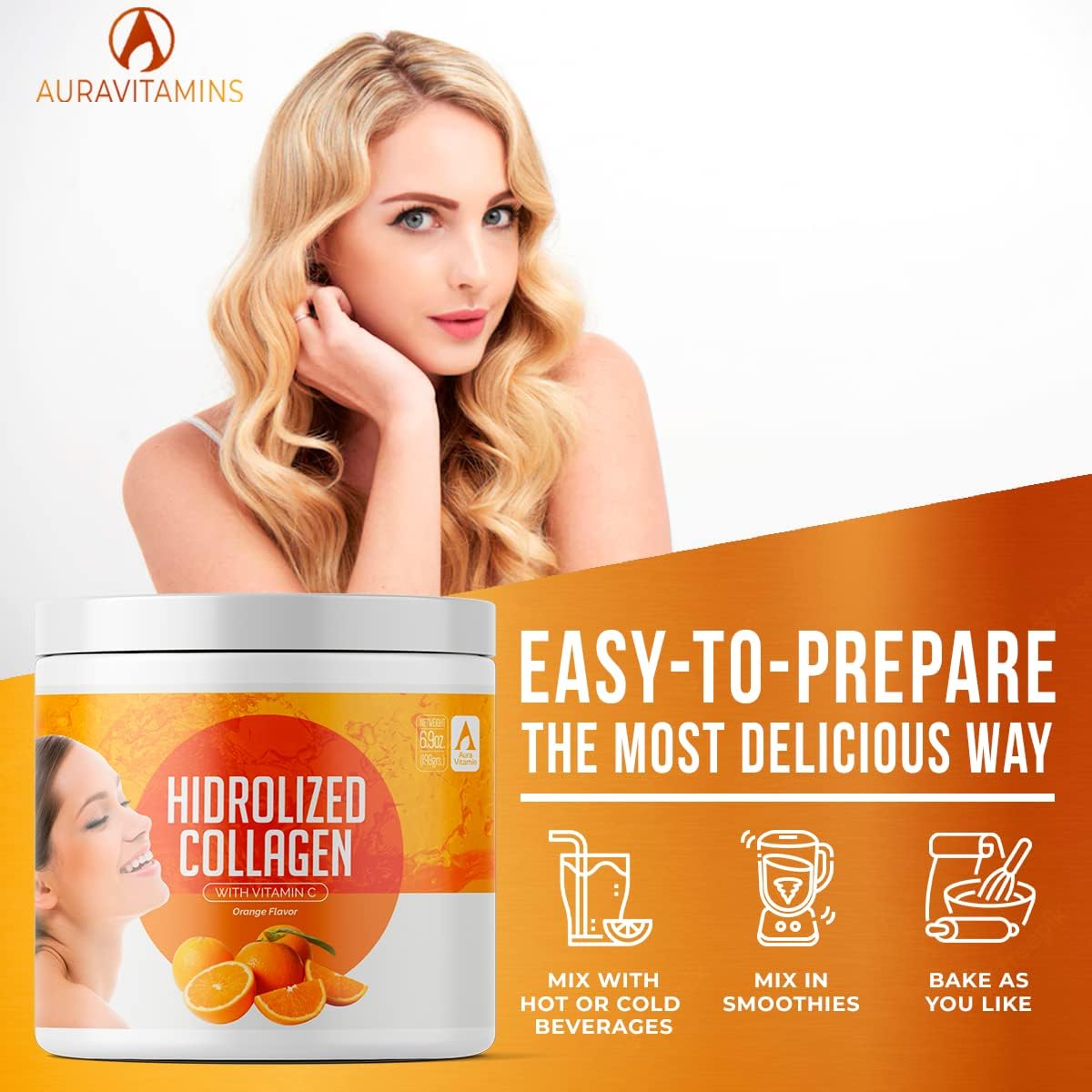 Hydrolyzed Grass Fed Collagen Peptides Powder for Women | Supports Hair, Skin, Nails, Joints, Bones, and Gut Health | 200g (Orange)