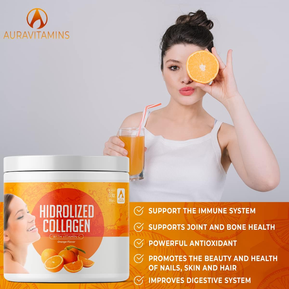 Hydrolyzed Grass Fed Collagen Peptides Powder for Women | Supports Hair, Skin, Nails, Joints, Bones, and Gut Health | 200g (Orange)