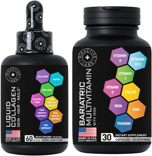 Hydrolyzed Liquid Collagen with Biotin and Bariatric Multivitamin Bundle for Body Support