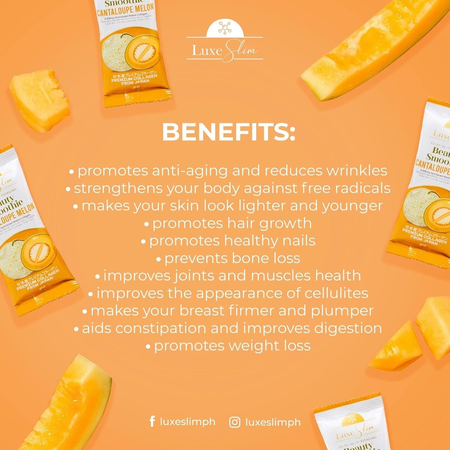 Hydrolyzed Marine Collagen Cantaloupe Melon Beauty Smoothie - 21g x 10 Sachets, 7.4oz