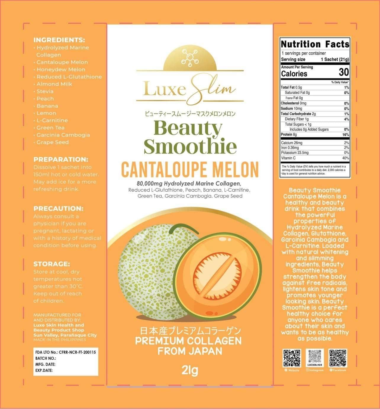 Hydrolyzed Marine Collagen Cantaloupe Melon Beauty Smoothie - 21g x 10 Sachets, 7.4oz