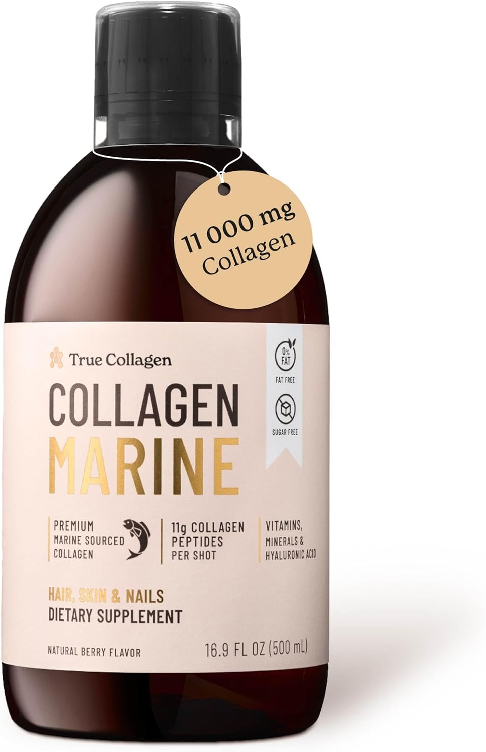 Hydrolyzed Marine Collagen Liquid Supplement - 11,000 mg | 500 ml Bottle with Hyaluronic Acid, Biotin, and Vitamin C | Supports Healthy Hair, Skin, and Nails | Sugar-Free & Fat-Free | 20 Day Supply