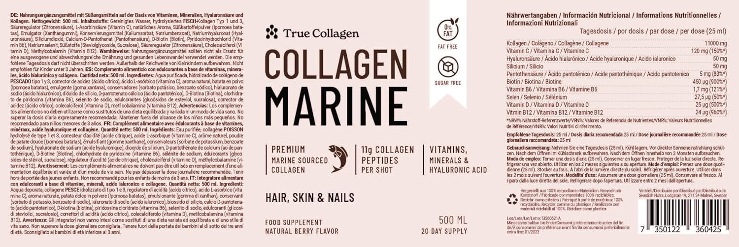 Hydrolyzed Marine Collagen Liquid Supplement - 11,000 mg | 500 ml Bottle with Hyaluronic Acid, Biotin, and Vitamin C | Supports Healthy Hair, Skin, and Nails | Sugar-Free & Fat-Free | 20 Day Supply