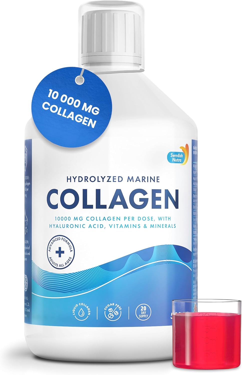 Hydrolyzed Marine Collagen Liquid Supplement with Hyaluronic Acid, Biotin, and Vitamin C - 10,000 mg - 500 ml - 20 Day Supply - Sugar-Free - Swedish Nutra