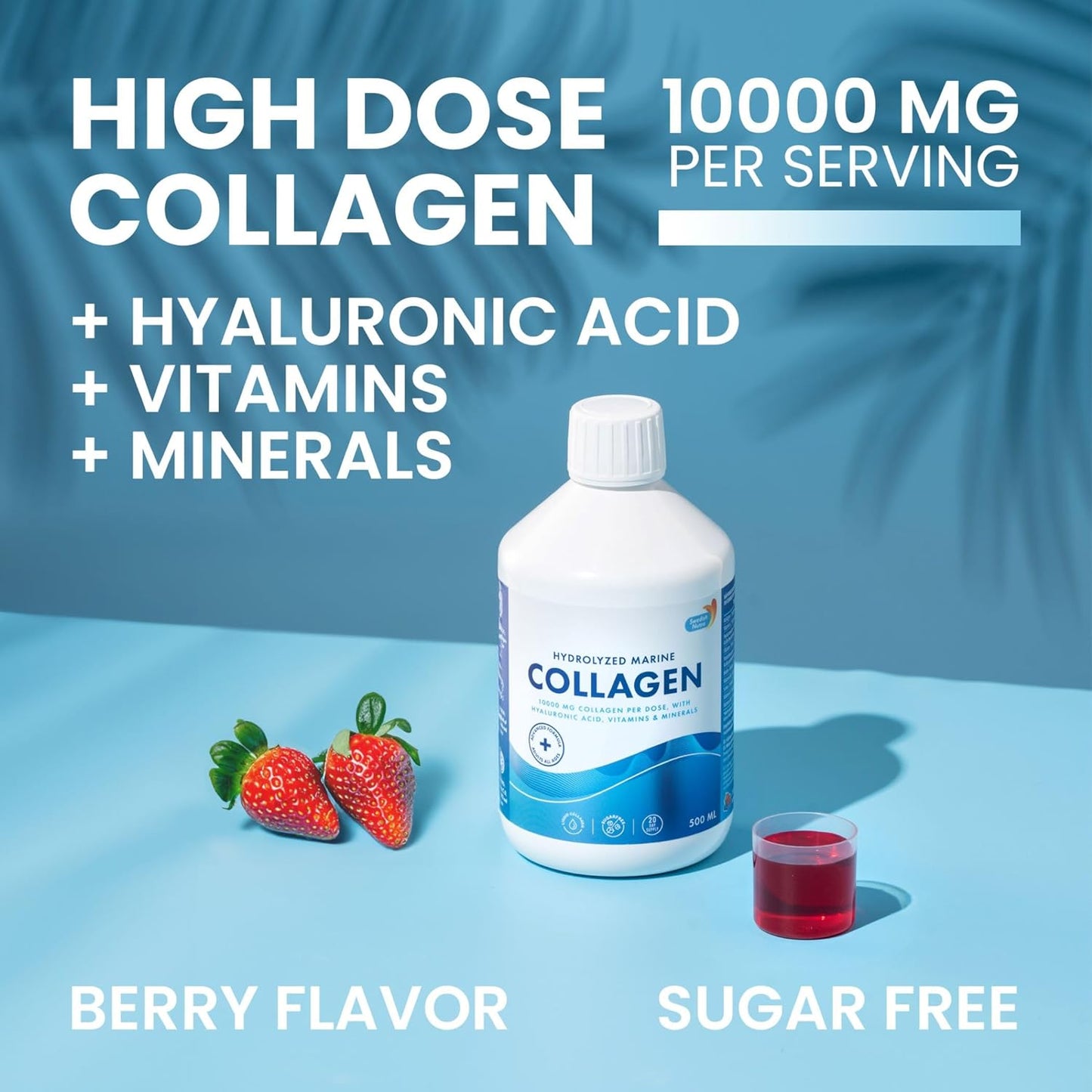 Hydrolyzed Marine Collagen Liquid Supplement with Hyaluronic Acid, Biotin, and Vitamin C - 10,000 mg - 500 ml - 20 Day Supply - Sugar-Free - Swedish Nutra