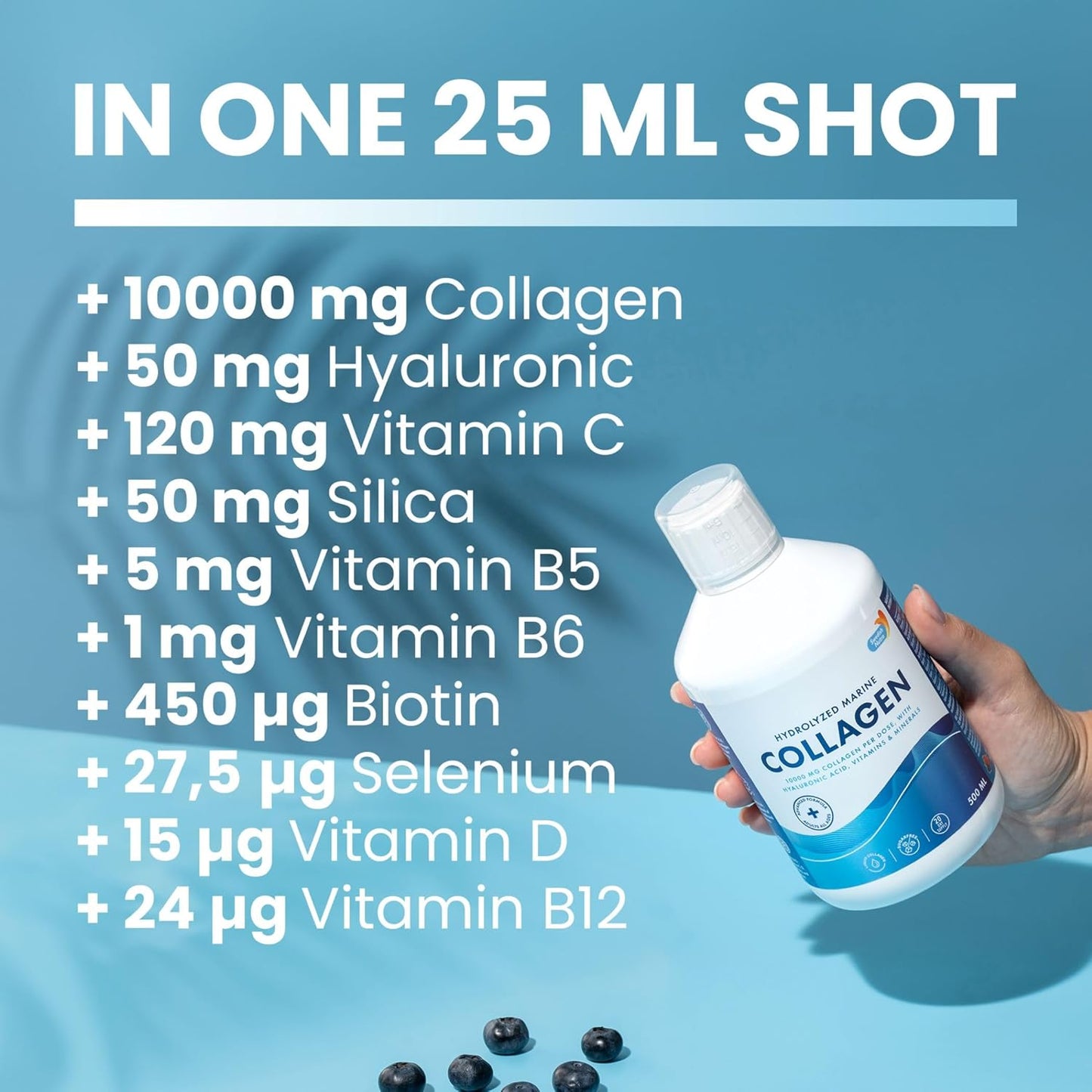 Hydrolyzed Marine Collagen Liquid Supplement with Hyaluronic Acid, Biotin, and Vitamin C - 10,000 mg - 500 ml - 20 Day Supply - Sugar-Free - Swedish Nutra