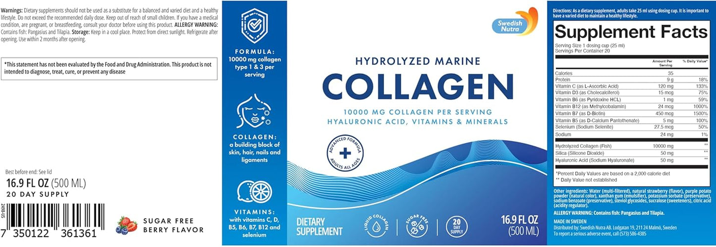Hydrolyzed Marine Collagen Liquid Supplement with Hyaluronic Acid, Biotin, and Vitamin C - 10,000 mg - 500 ml - 20 Day Supply - Sugar-Free - Swedish Nutra