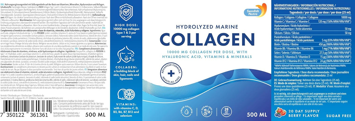Hydrolyzed Marine Collagen Liquid Supplement with Hyaluronic Acid, Biotin, and Vitamin C - 10,000 mg - 500 ml - 20 Day Supply - Sugar-Free - Swedish Nutra