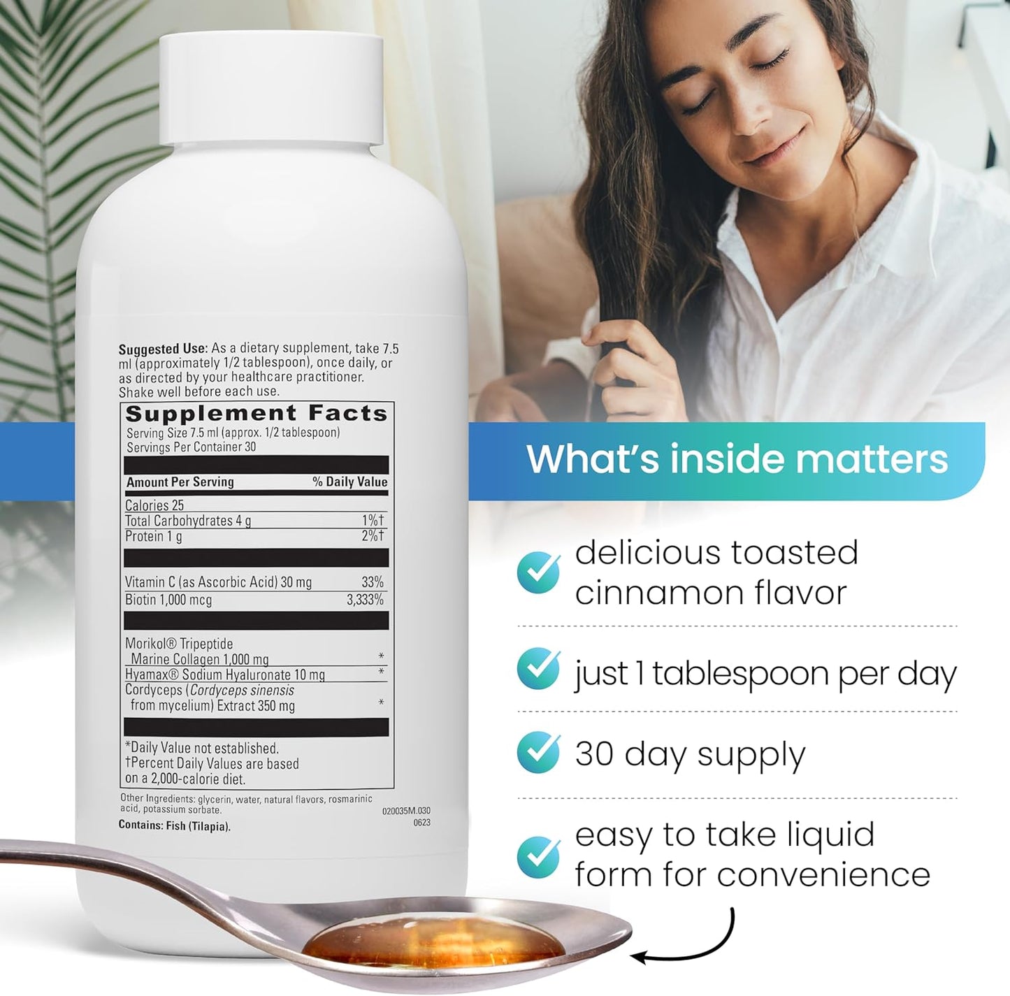 Hydrolyzed Marine Collagen Peptides Supplement for Anti-Aging & Healthy Hair, Skin, Nails, Joints - Cinnamon Flavor - 30 Servings