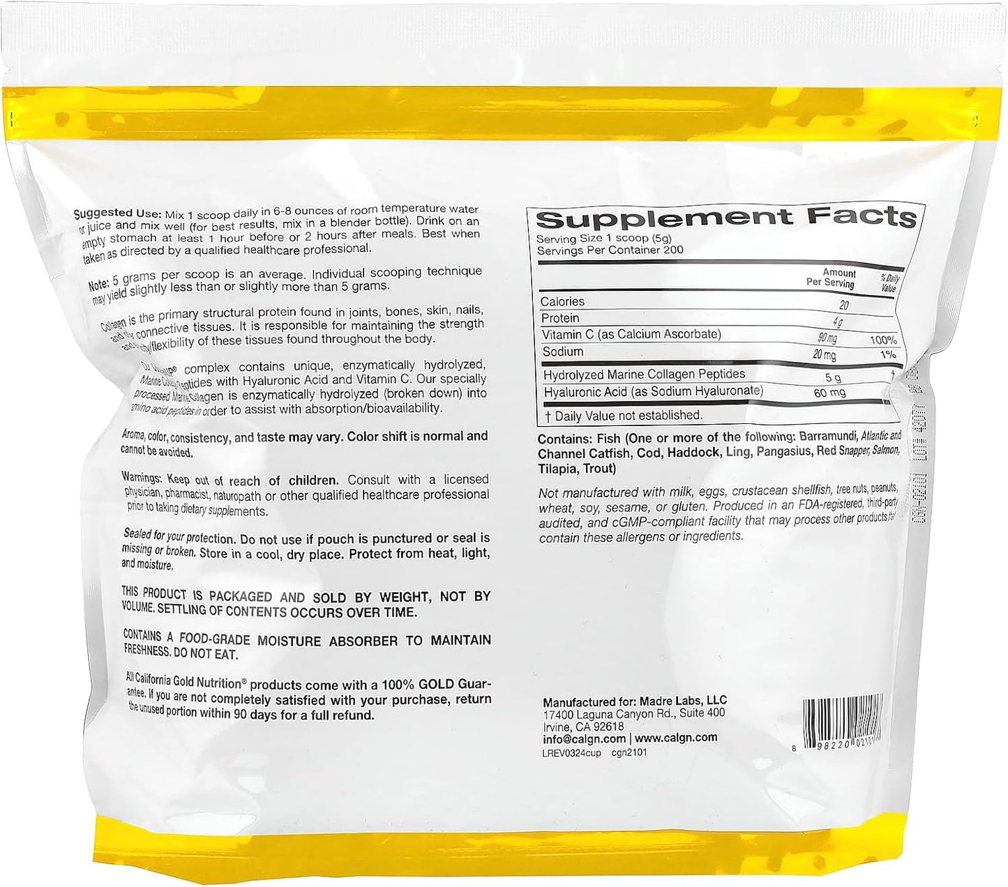 Hydrolyzed Marine Collagen Peptides with Hyaluronic Acid and Vitamin C, Unflavored, 2.2 lb by California Gold Nutrition