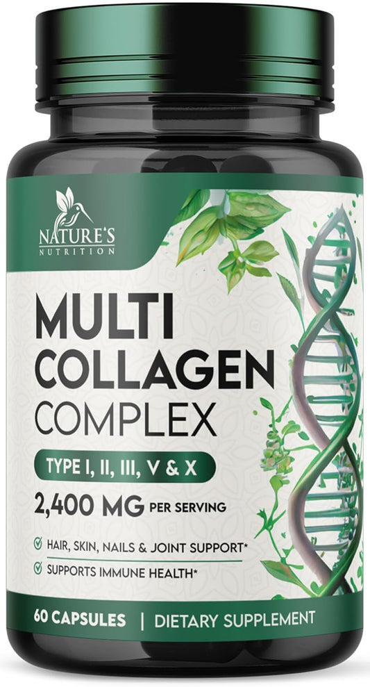 Hydrolyzed Multi Collagen Capsules for Hair, Nails, Skin & Joints - Type I, II, III, V, X - Vital Nutrients & Proteins - 60ct