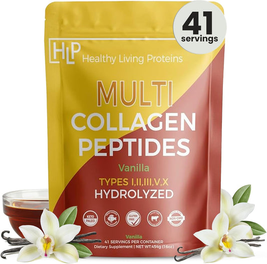 Hydrolyzed Multi Collagen Peptides Powder - Grass Fed Bovine, Wild Caught Marine, Free Range Chicken - Vanilla Flavor, 16 oz
