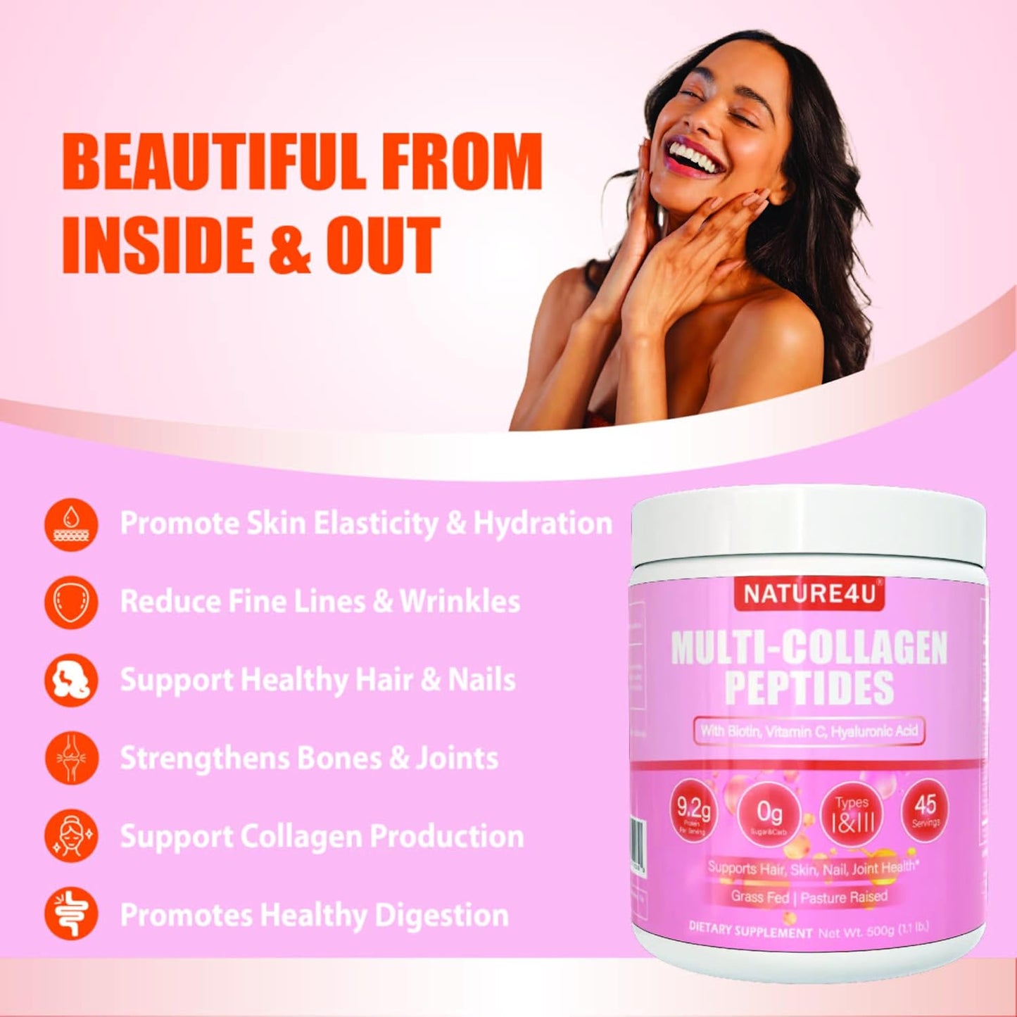Hydrolyzed Multi Collagen Peptides Powder with Biotin, Hyaluronic Acid, and Vitamin C for Hair, Skin, Nails, and Joint Support - Unflavored 1.1 lb