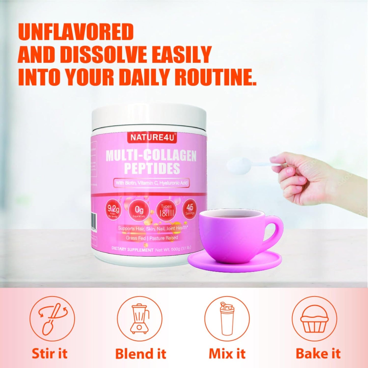 Hydrolyzed Multi Collagen Peptides Powder with Biotin, Hyaluronic Acid, and Vitamin C for Hair, Skin, Nails, and Joint Support - Unflavored 1.1 lb