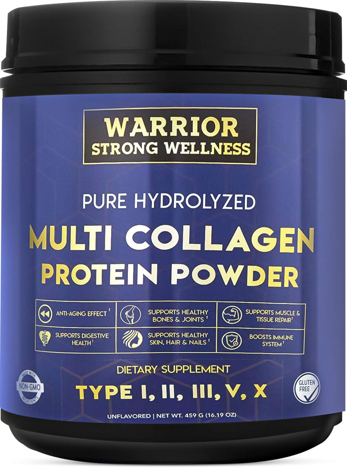Hydrolyzed Multi Collagen Protein Powder for Wellness, Skin Elasticity, Hair Growth, Joint Health - Unflavored Warrior Strong Blend
