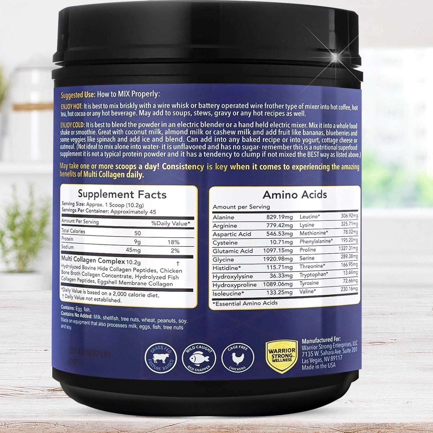 Hydrolyzed Multi Collagen Protein Powder for Wellness, Skin Elasticity, Hair Growth, Joint Health - Unflavored Warrior Strong Blend