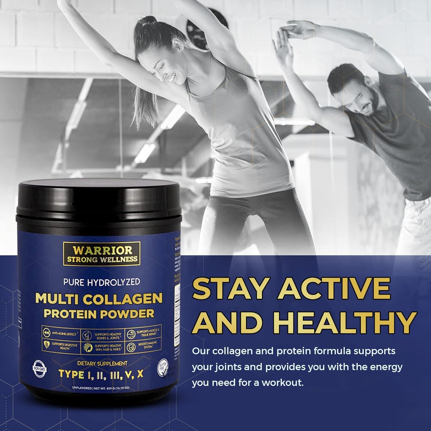 Hydrolyzed Multi Collagen Protein Powder for Wellness, Skin Elasticity, Hair Growth, Joint Health - Unflavored Warrior Strong Blend