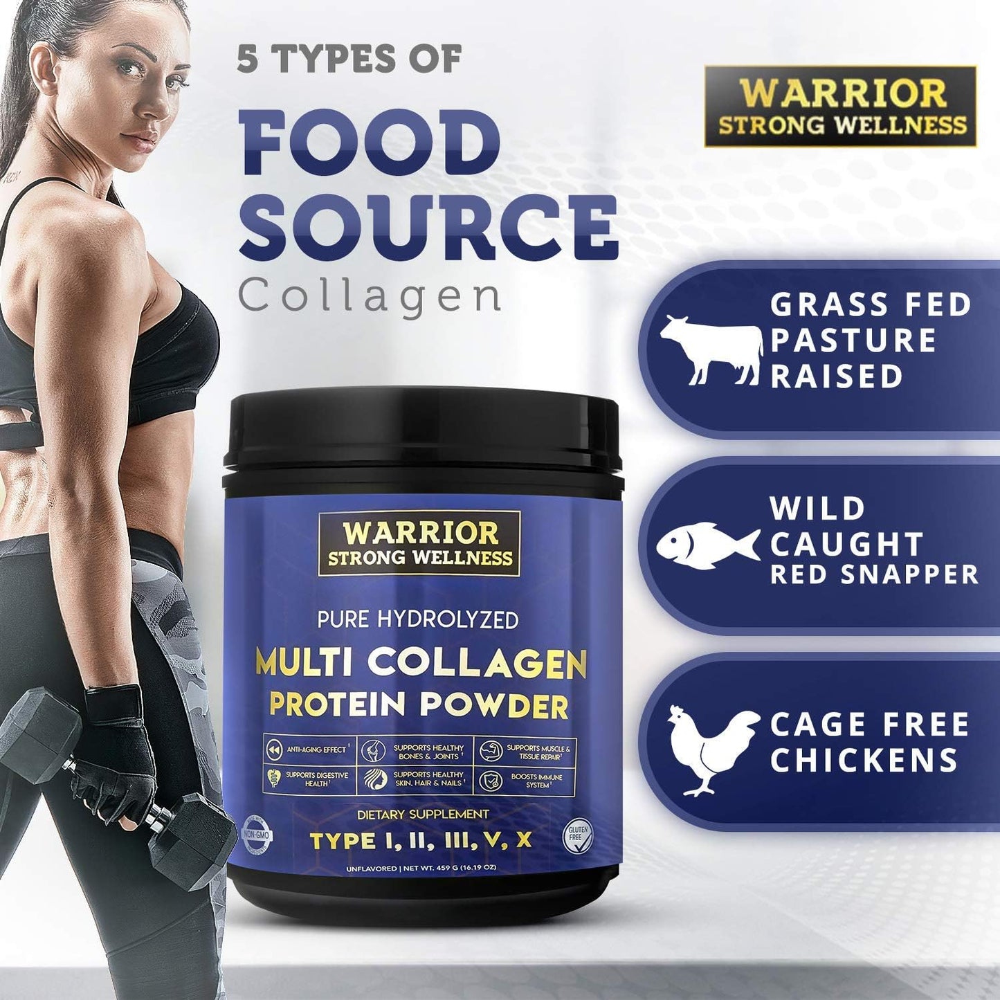 Hydrolyzed Multi Collagen Protein Powder for Wellness, Skin Elasticity, Hair Growth, Joint Health - Unflavored Warrior Strong Blend