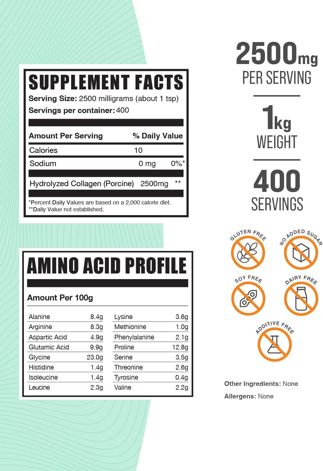 Hydrolyzed Porcine Collagen Powder - 2500mg per Serving, 1kg (2.2 lbs) - Gluten Free Collagen Protein Supplement