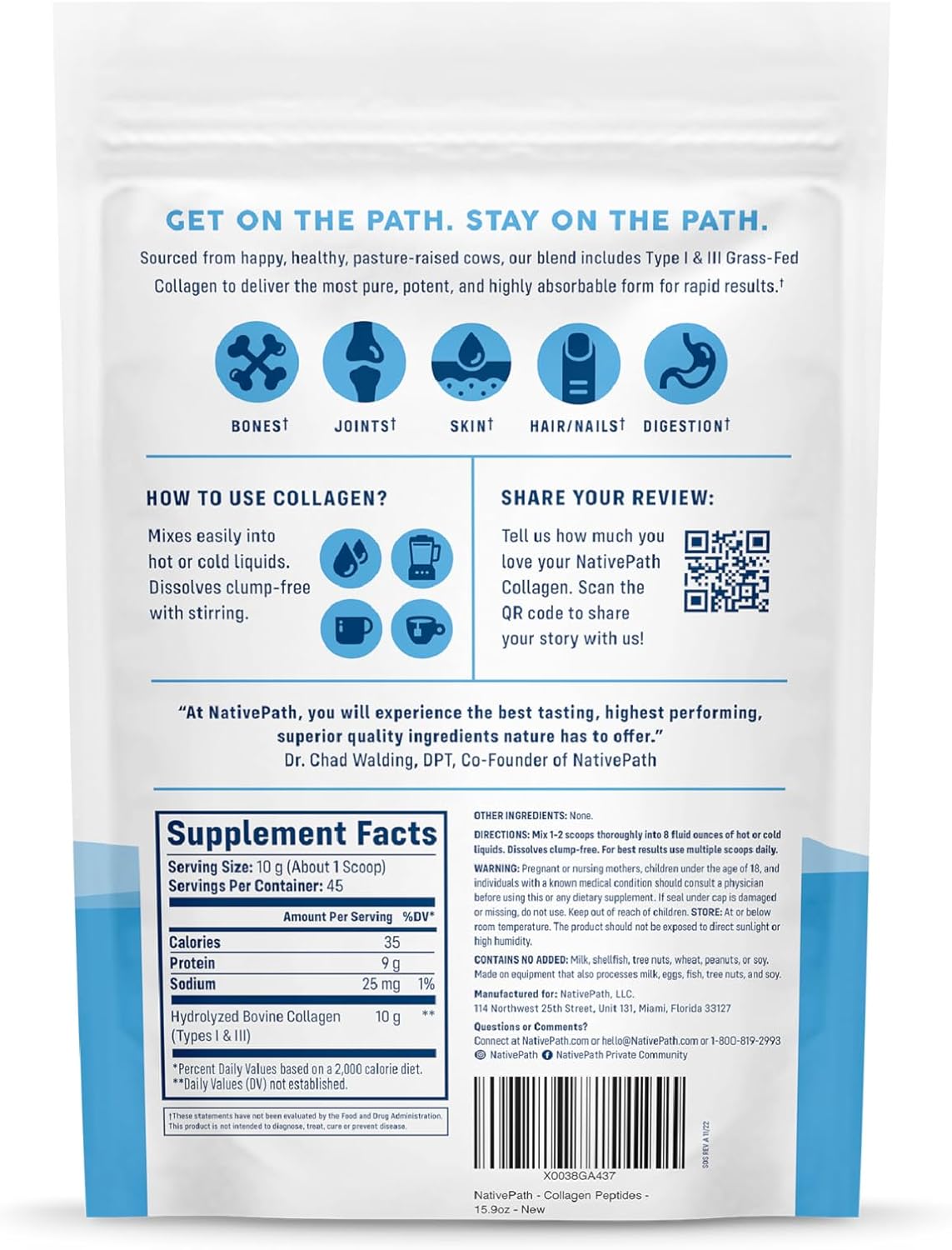 Hydrolyzed Type 1 & 3 Collagen Powder for Skin, Hair, Nails - 15.9 oz - 45 Servings by NativePath