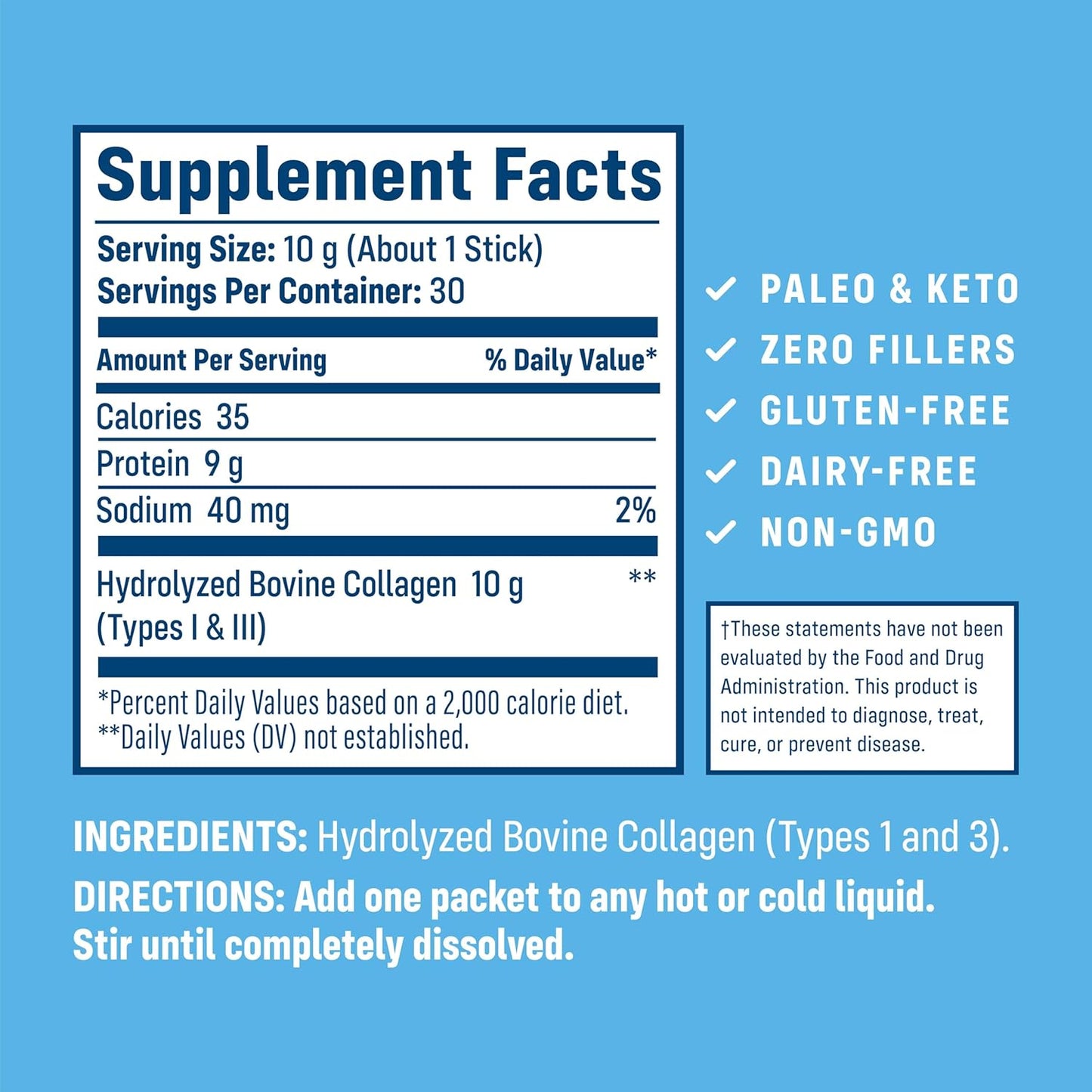 Hydrolyzed Type 1 & 3 Collagen Stick Packs for Skin, Hair, Nails - 30 Servings