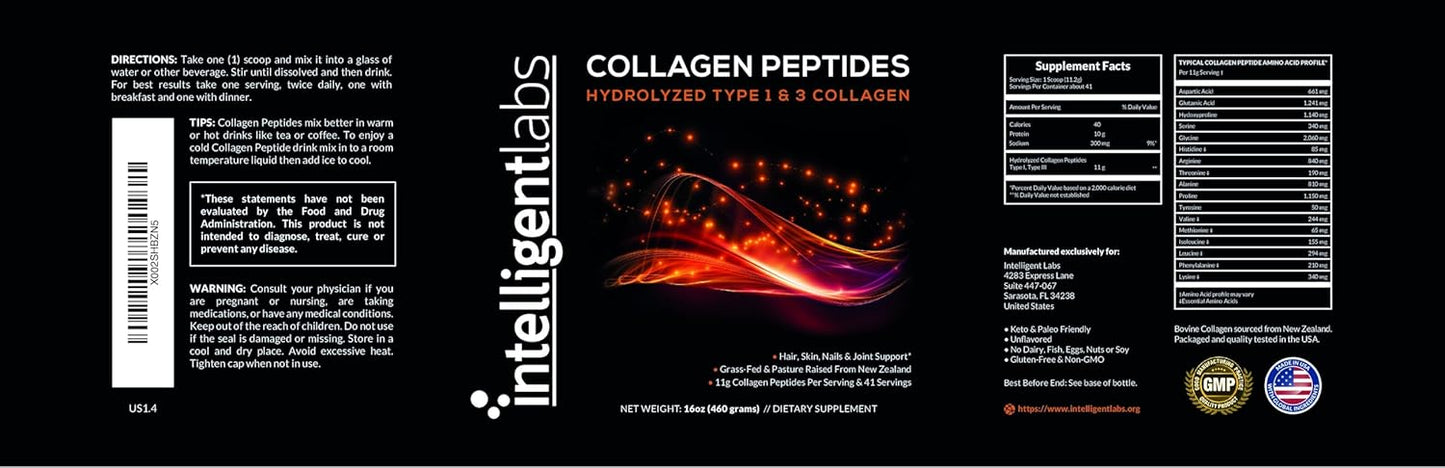 Hydrolyzed Type 1 and 3 Collagen Peptides Powder - Grass-Fed Bovine Source, 100% Cruelty-Free, Supports Hair, Skin, Nails & Joints, 11g per Serving, 41 Servings